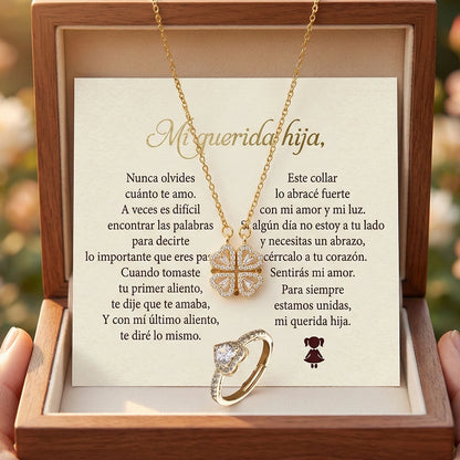 “Para Mi Hija” – Collar Trébol con Anillo Corazón