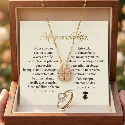 “Para Mi Hija” – Collar Trébol con Anillo Corazón