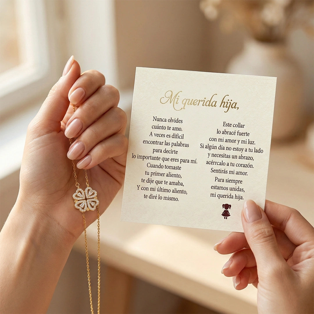 “Para Mi Hija” – Collar Trébol con Anillo Corazón