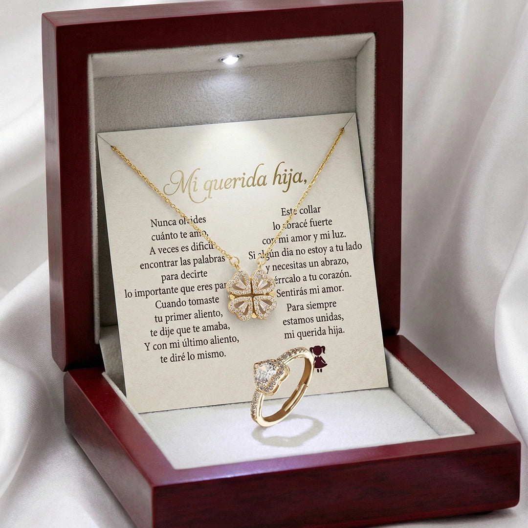 “Para Mi Hija” – Collar Trébol con Anillo Corazón